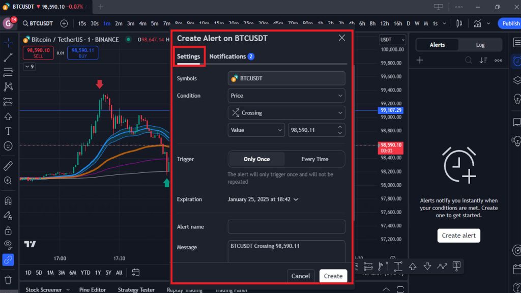 Bảng tuỳ chỉnh thiết lập cảnh báo trên tradingview alert trên tradingview