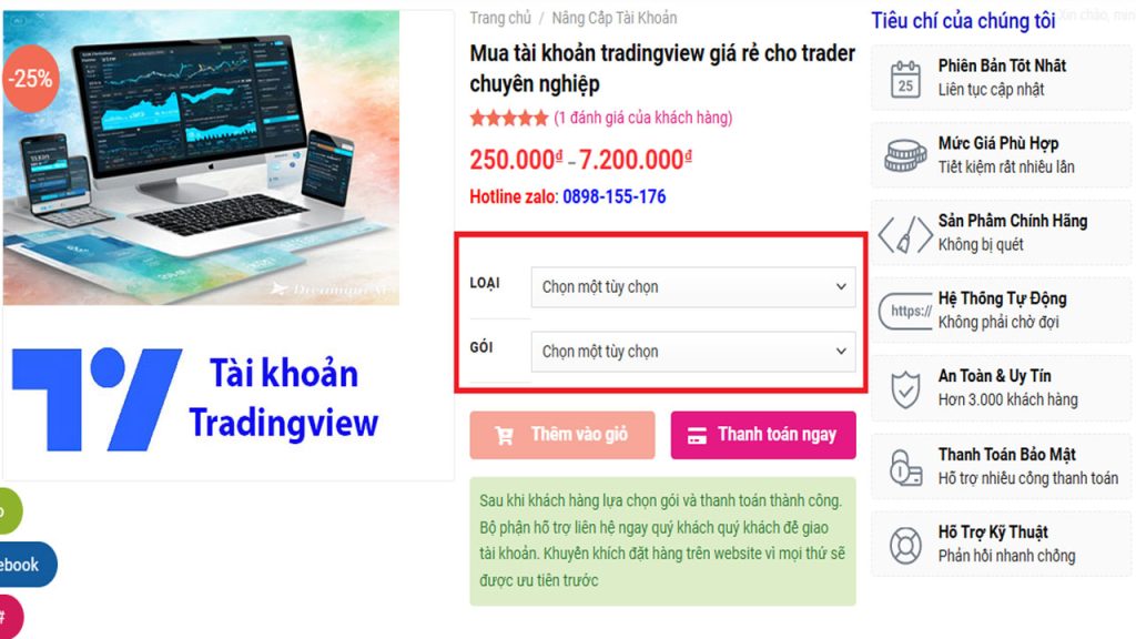 Chọn loại và gói sản phẩm, bao gồm thời gian sử dụng trước khi mua hàng và thanh toán