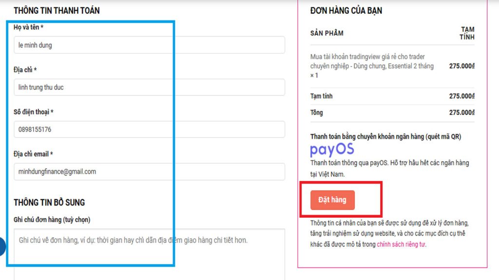 Điền Thông Tin Thanh Toàn chính xác và nhấn vào Đặt Hàng