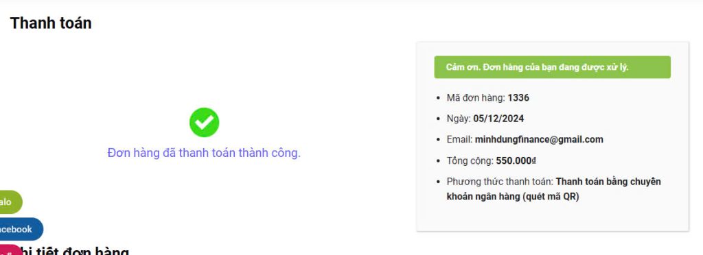 Trang web sẽ bao" Đơn hàng đã thanh toán thành công"