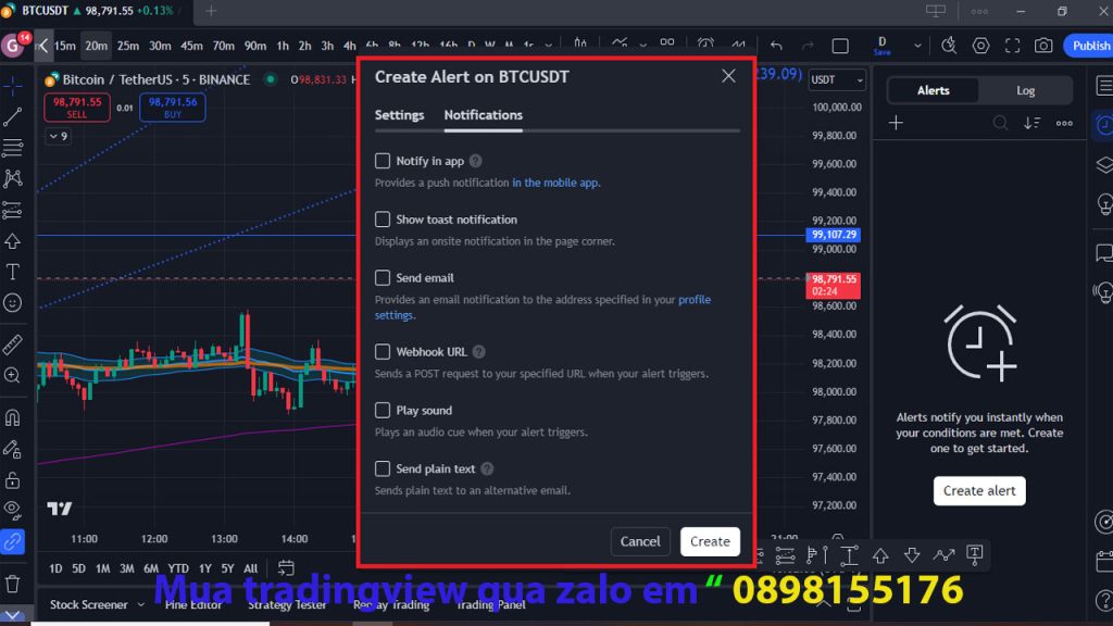 Bảng tuỳ chỉnh phương thức thông bao cho cảnh báo alert trên tradingview 